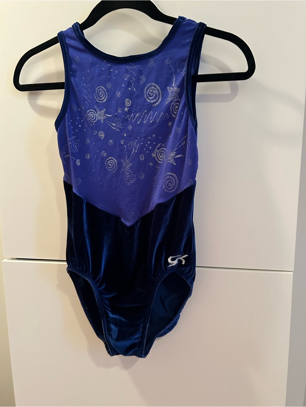 GK Blue Sparkle Gymnastics Leotard - Stars and Spirals- Adult Medium